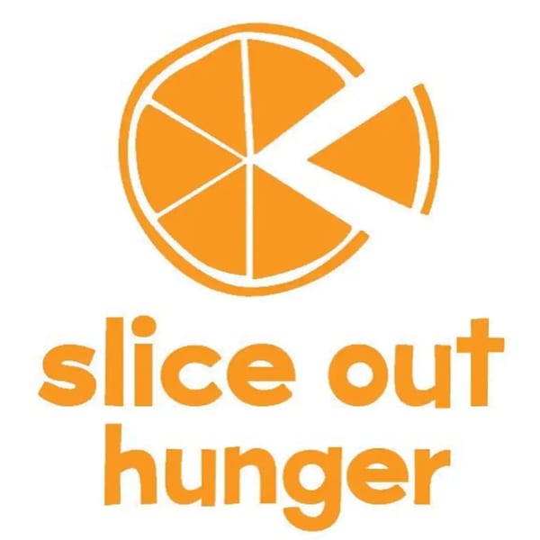 Orange pizza icon with a missing slice above the words "slice out hunger".
